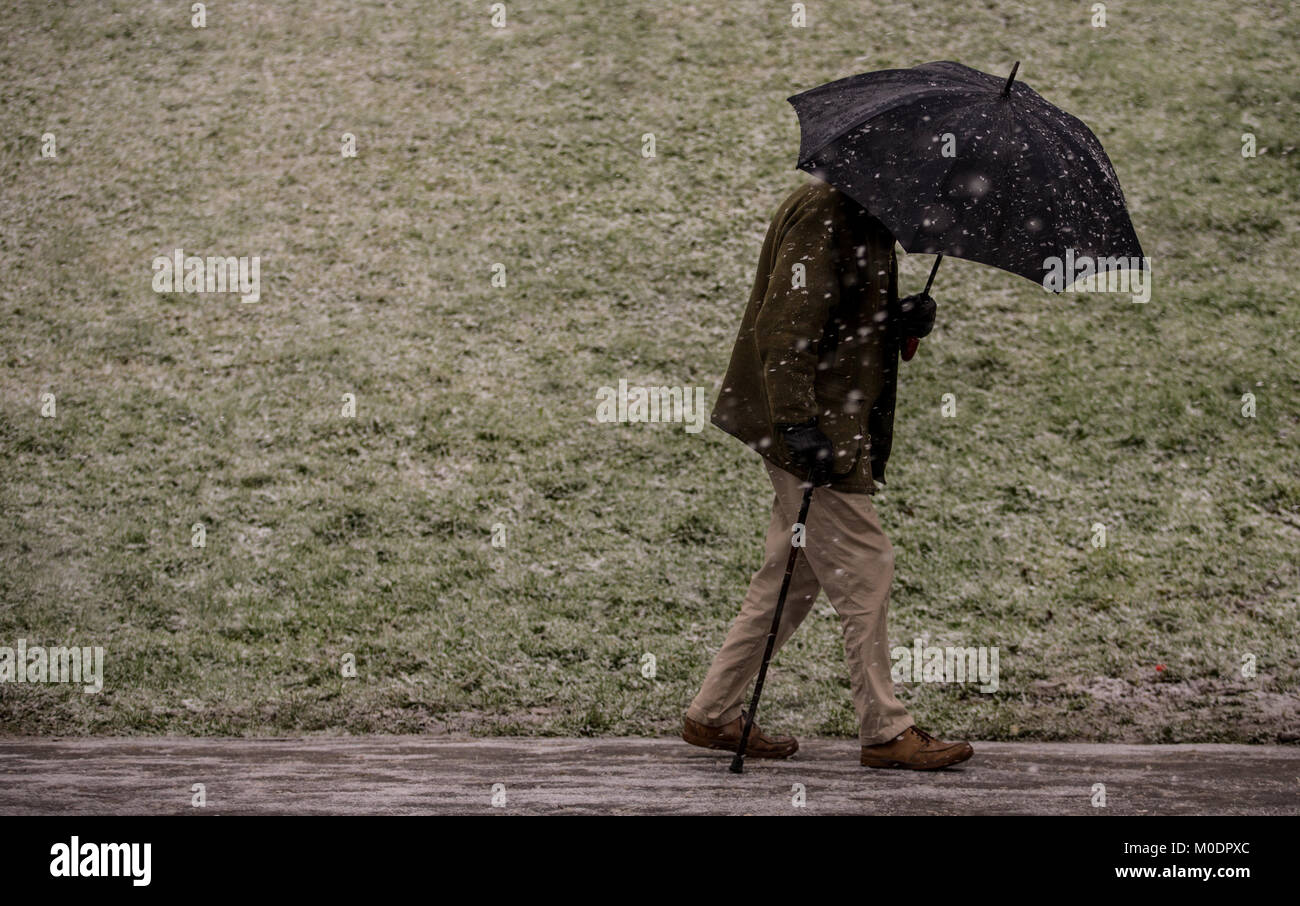 Un homme marche durant une chute de neige à l'Alexandra Palace, Londres, comme les gens de partout au pays sont préparés à plus de neige après le Royaume-Uni a gelé sur la nuit la plus froide en près de deux ans. Banque D'Images