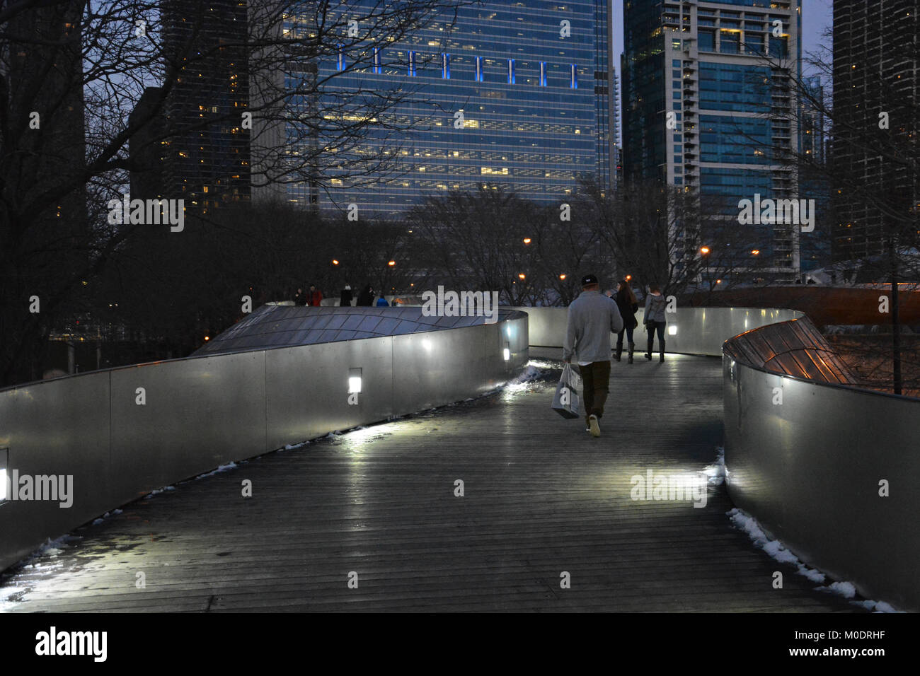 Le BP Bridge permet aux visiteurs de traverser Columbus Drive à Chicago et à pied du Parc du millénaire à Maggie Daley Park. Banque D'Images