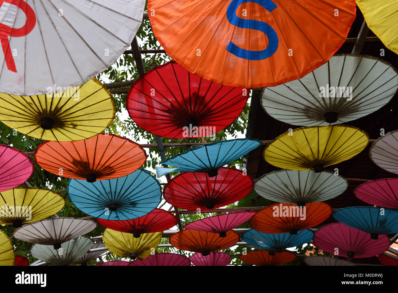 Parapluies de papier sur l'affichage à l'égide du Centre décisionnel, Bo Sang, la province de Chiang Mai, Thaïlande Banque D'Images Parapluies de papier sur l'affichage à l'égide du Centre décisionnel, Bo Sang, la province de Chiang Mai, Thaïlande Banque D'Images