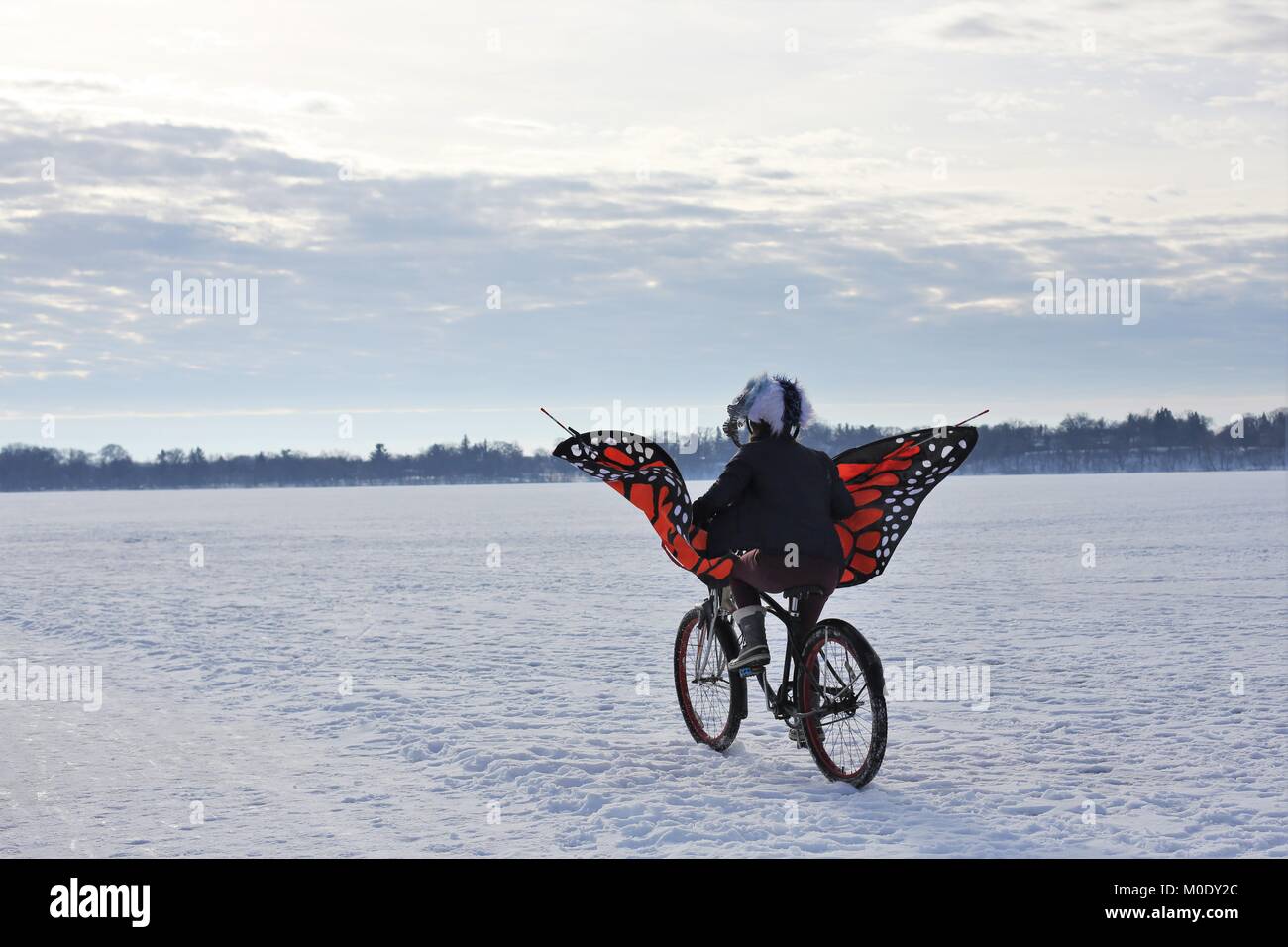Une personne de faire du vélo avec les ailes de papillon à l'Art Shanty Projets sur lac gelé Harriet à Minneapolis, MN, USA. Banque D'Images