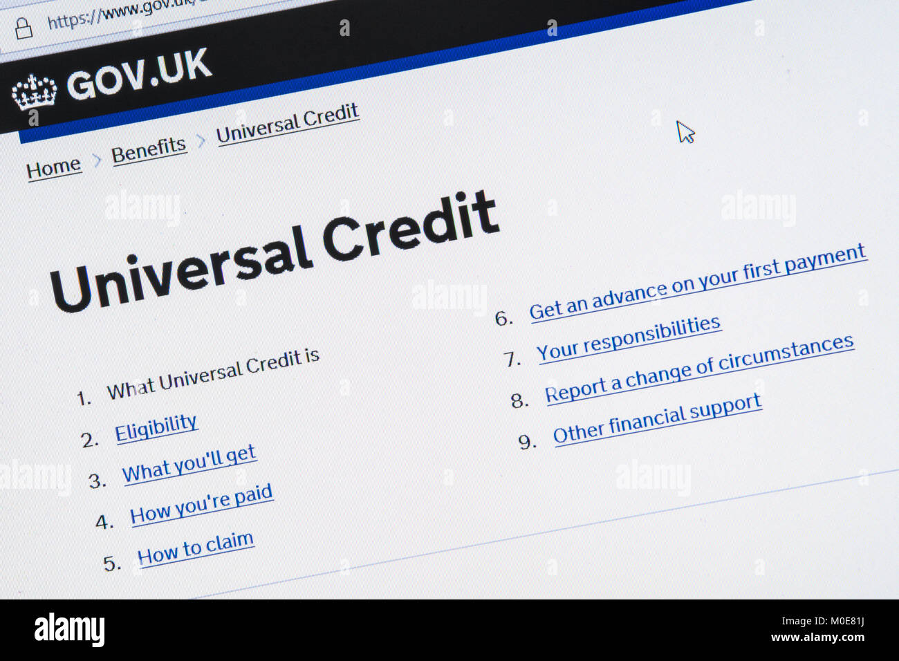 Capture d'écran de l'ordinateur des informations sur le crédit universel sur gov.uk site web en 2018 Banque D'Images
