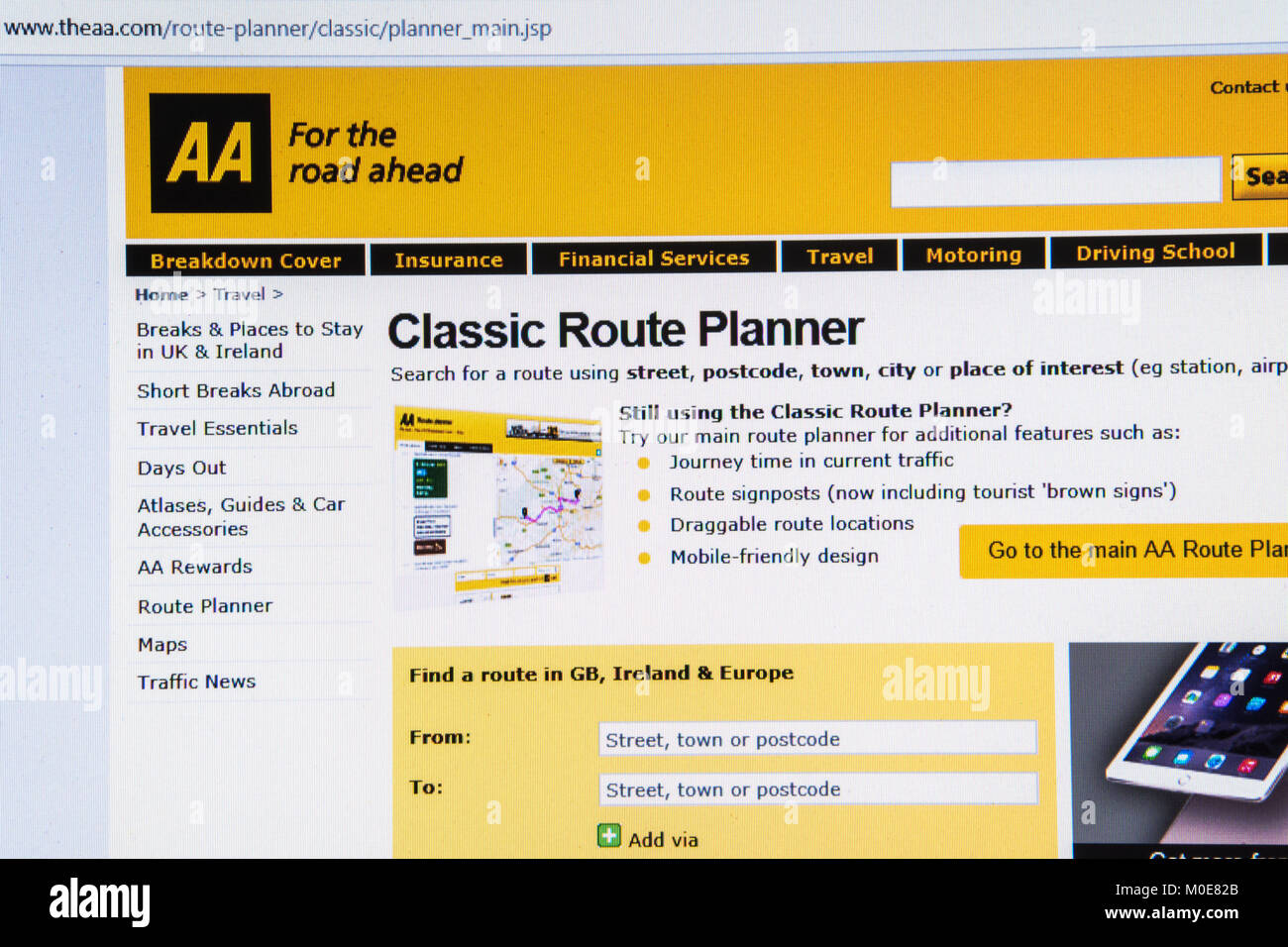 Capture d'écran de l'ordinateur de l'AA (automobile association) site web du planificateur d'itinéraire classique Banque D'Images