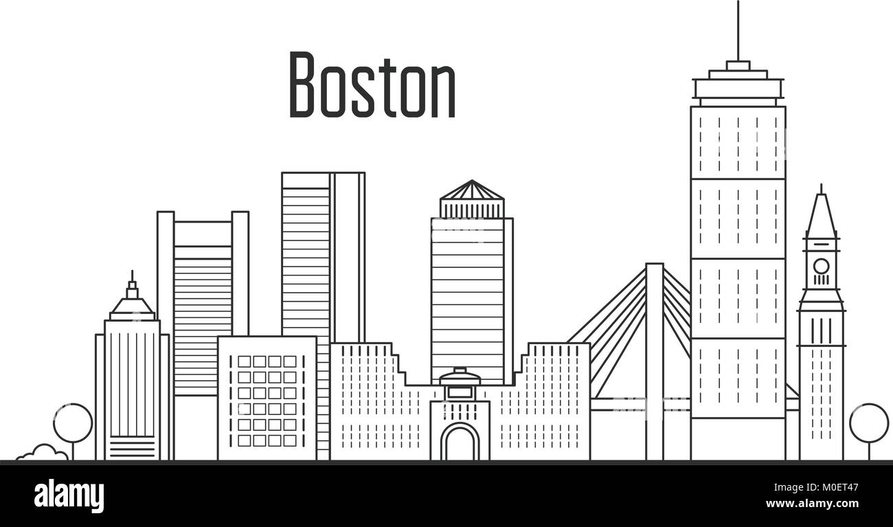 Boston city skyline - centre-ville paysage urbain, sites touristiques de la ville dans le style de chemise Illustration de Vecteur