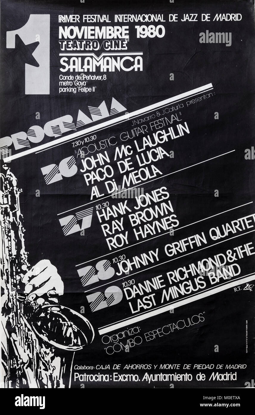 Premier Festival de Jazz de Madrid, novembre 1980, avec John Mc Laughlin, Paco de Lucia, Al Di Meola, Hank Jones, Ray Brown, concert de musique ancienne Banque D'Images
