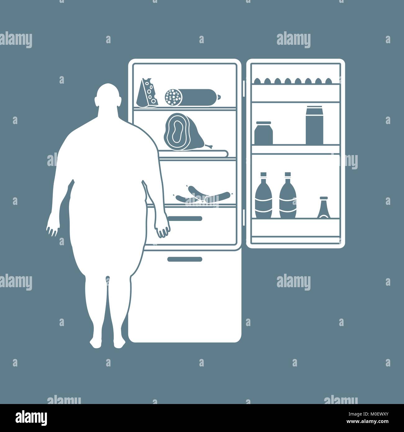 Fat Man est à l'un réfrigérateur plein de nourriture. Les habitudes alimentaires néfastes. Bannière pour la conception et l'impression. Illustration de Vecteur