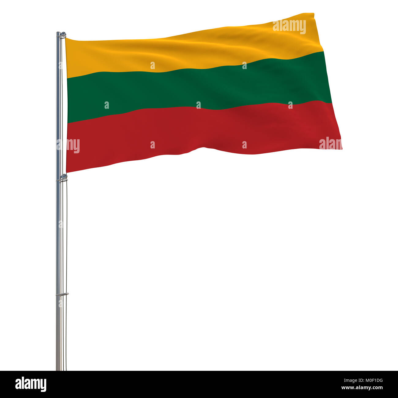 Isoler le drapeau de la Lituanie sur un mât voltigeant dans le vent sur un fond blanc, 3D Rendering Banque D'Images