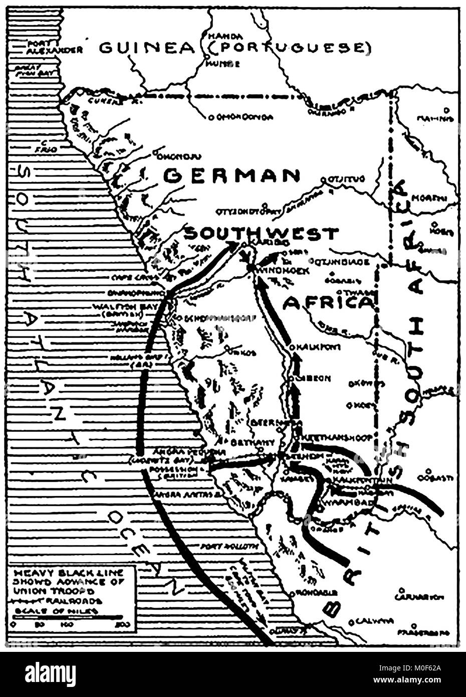 La PREMIÈRE GUERRE MONDIALE - UN 1917 Carte montrant l'activité militaire dans l'1914-1918 Première Guerre mondiale - l'Afrique du Sud-ouest et sa conquête par les troupes de l'Union sous le général Botha. Campagne d'Afrique de l'Est Banque D'Images