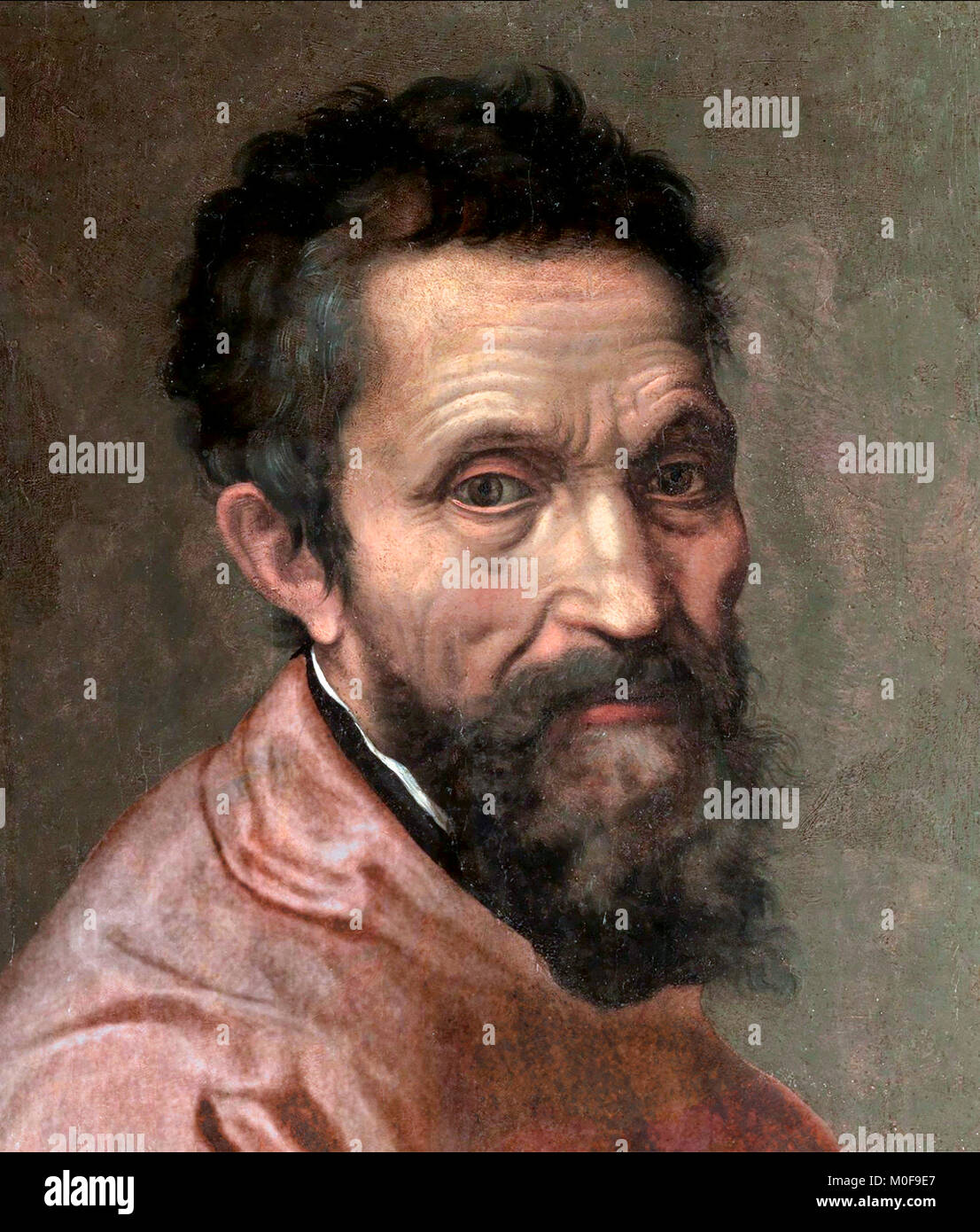 Michelangelo. Portrait de MICHELANGELO DI LODOVICO BUONARROTI SIMONI (1475-1564) par Daniele da Volterra, huile sur panneau, c.1544. C'est une image retouchée numériquement à partir d'une culture d'une grande peinture inachevée. Banque D'Images