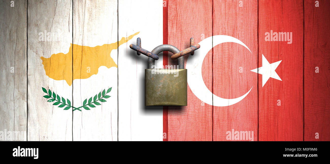 Chypre et la Turquie, relations. La Turquie et Chypre, les drapeaux sur la porte de bois avec un cadenas. 3d illustration Banque D'Images