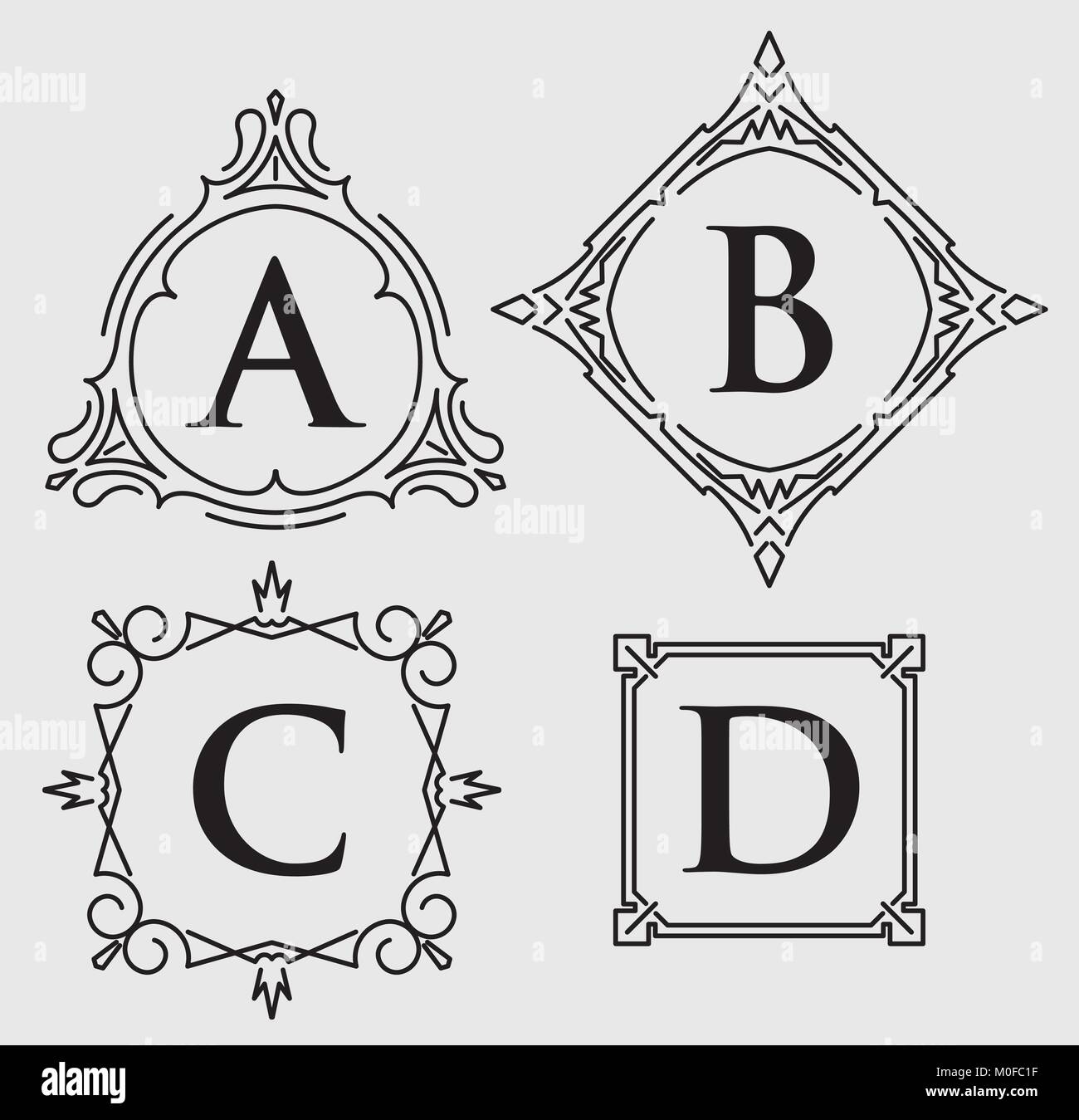 Ensemble de 4 images calligraphiques pour monogramme ou d'autres avec des lettres A, B, C. D Illustration de Vecteur