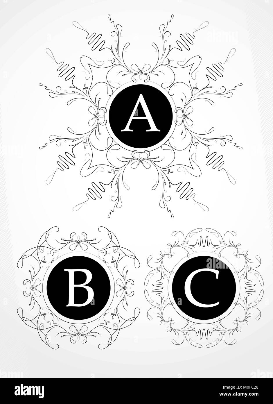 Ensemble de 3 cadres pour calligraphical monogramme ou d'autres avec des lettres A, B, C Illustration de Vecteur