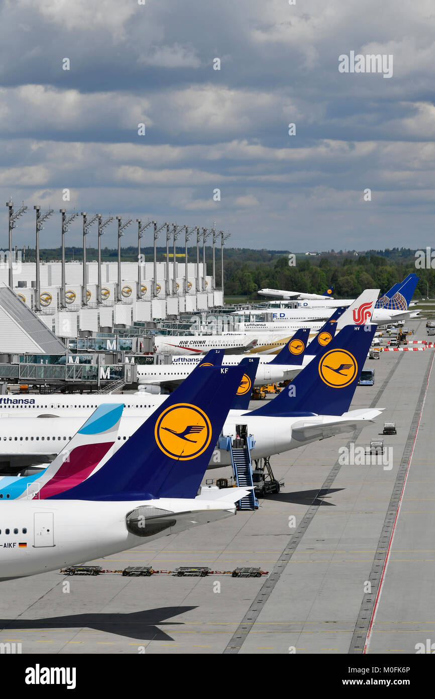 Line Up, Terminal 2, satellite, Lufthansa, Tour, avion, avion, rampe, positionner, jeu, la transformation, la vérification, l'enregistrement, l'aéroport de Munich, Banque D'Images