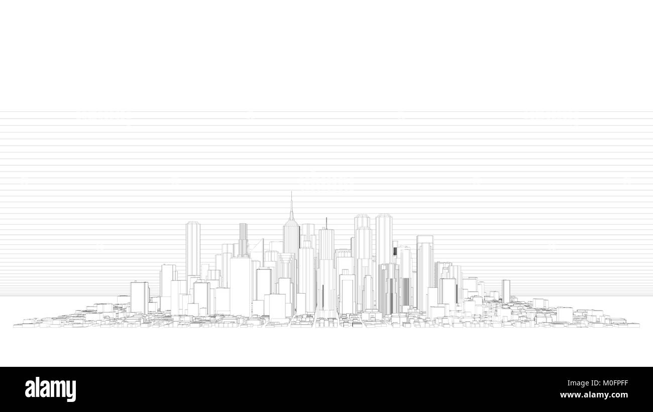 Le rendu 3D d'une ville blanche des lignes sur un arrière-plan lumineux perspective Banque D'Images