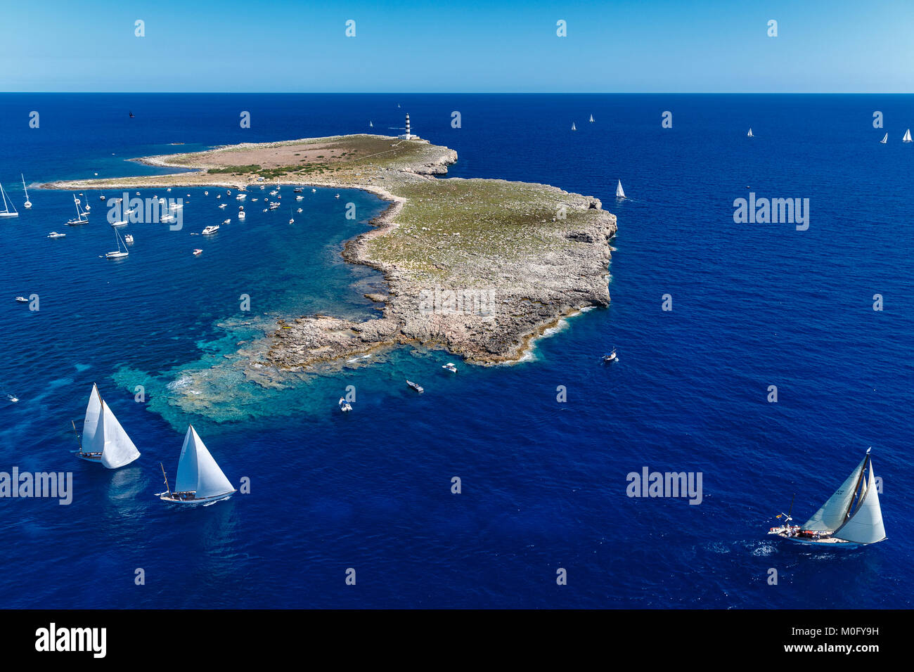 Vue aérienne de l'île de l'air ; Isla del Aire, Menorca, Minorque, Espagne Banque D'Images