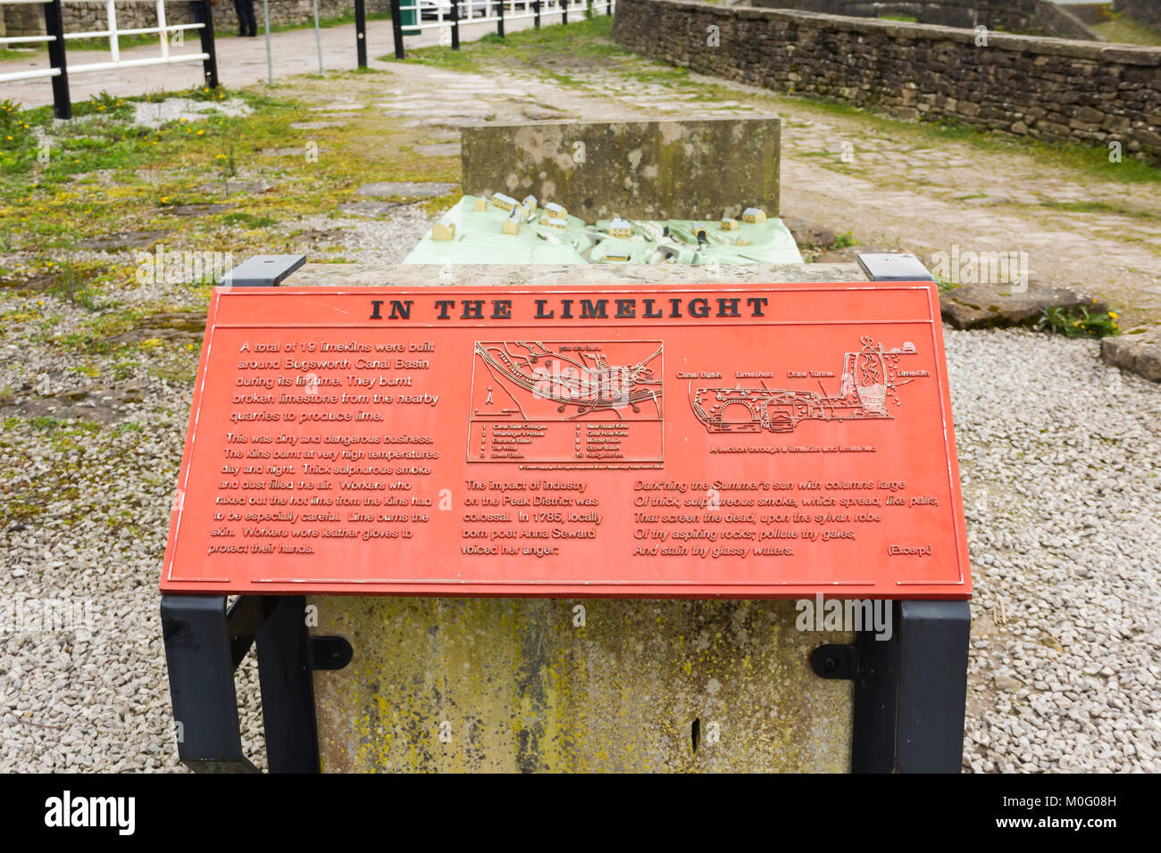 Le conseil d'information sur l'exploitation de fours à chaux et de la pierre calcaire à combustion Bugsworth Basin sur la forêt de pointe canal près de Whaley Bridge. Banque D'Images