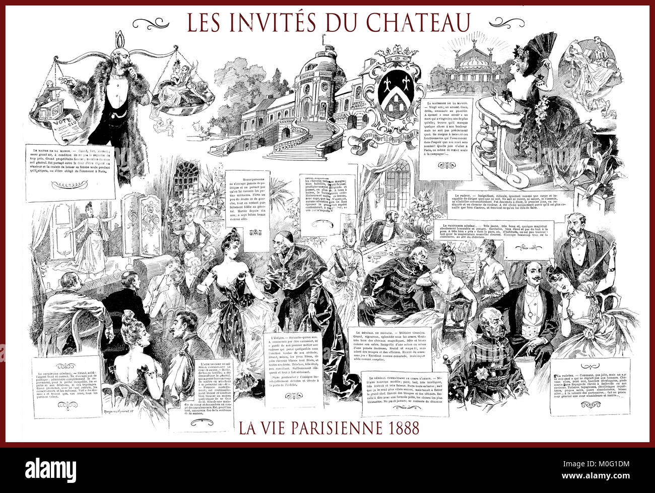 Magazine satirique français La vie Parisienne 1888, page centrale : les invités du chateau - château réduite, humour, caricatures, portraits Banque D'Images