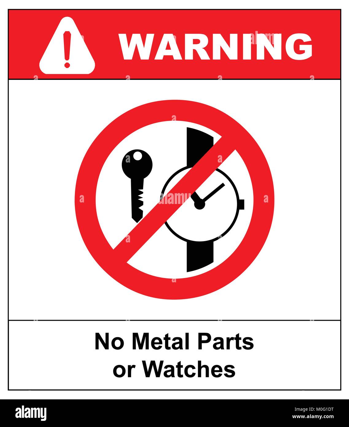 Pas d'articles métalliques ou de montres, pas d'accès pour les personnes ayant des implants métalliques des signes. Vector illustration. Symbole d'avertissement isolated on white Illustration de Vecteur