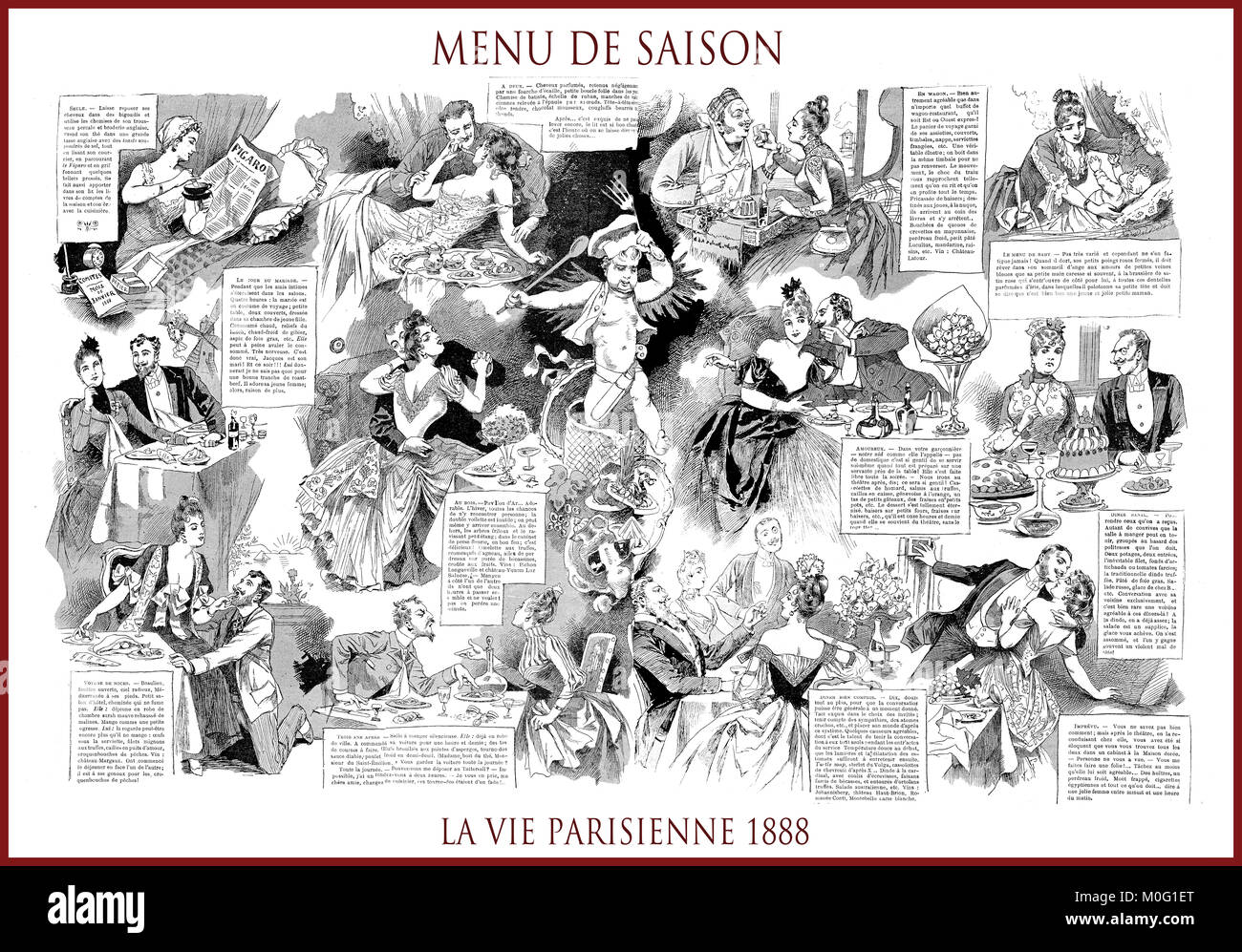 Magazine satirique français La vie Parisienne 1888, page centrale:menu de saison - menu de saison. L'humour, caricatures, portraits Banque D'Images