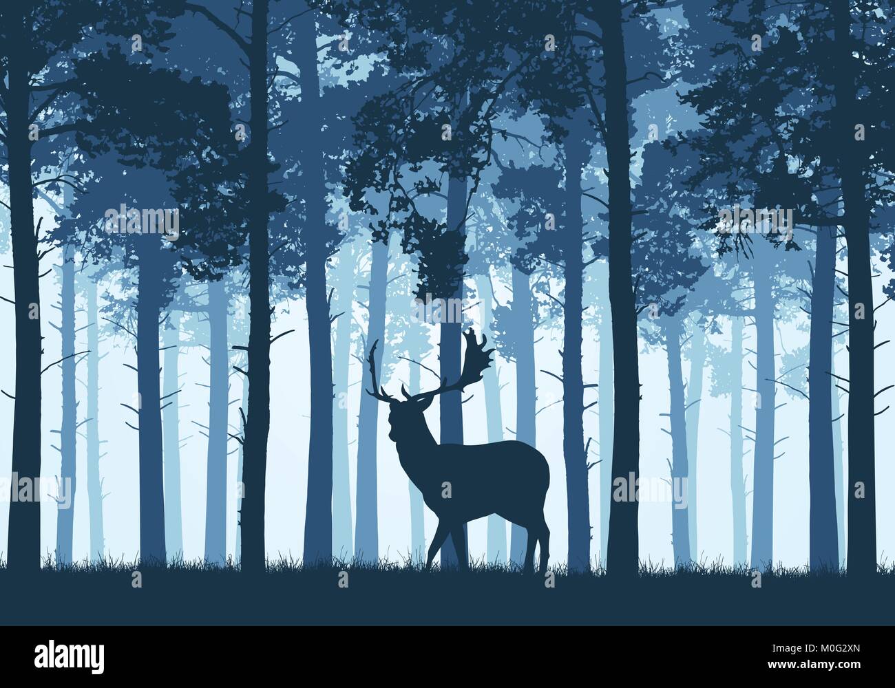 Forêt de conifères bleu avec une silhouette d'un daim - vector Illustration de Vecteur
