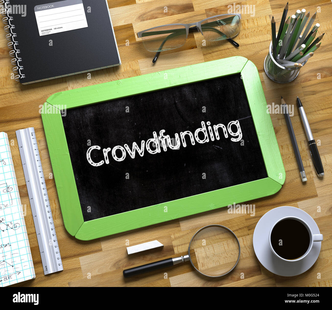 Crowdfunding à la main sur Petit tableau. 3D. Banque D'Images