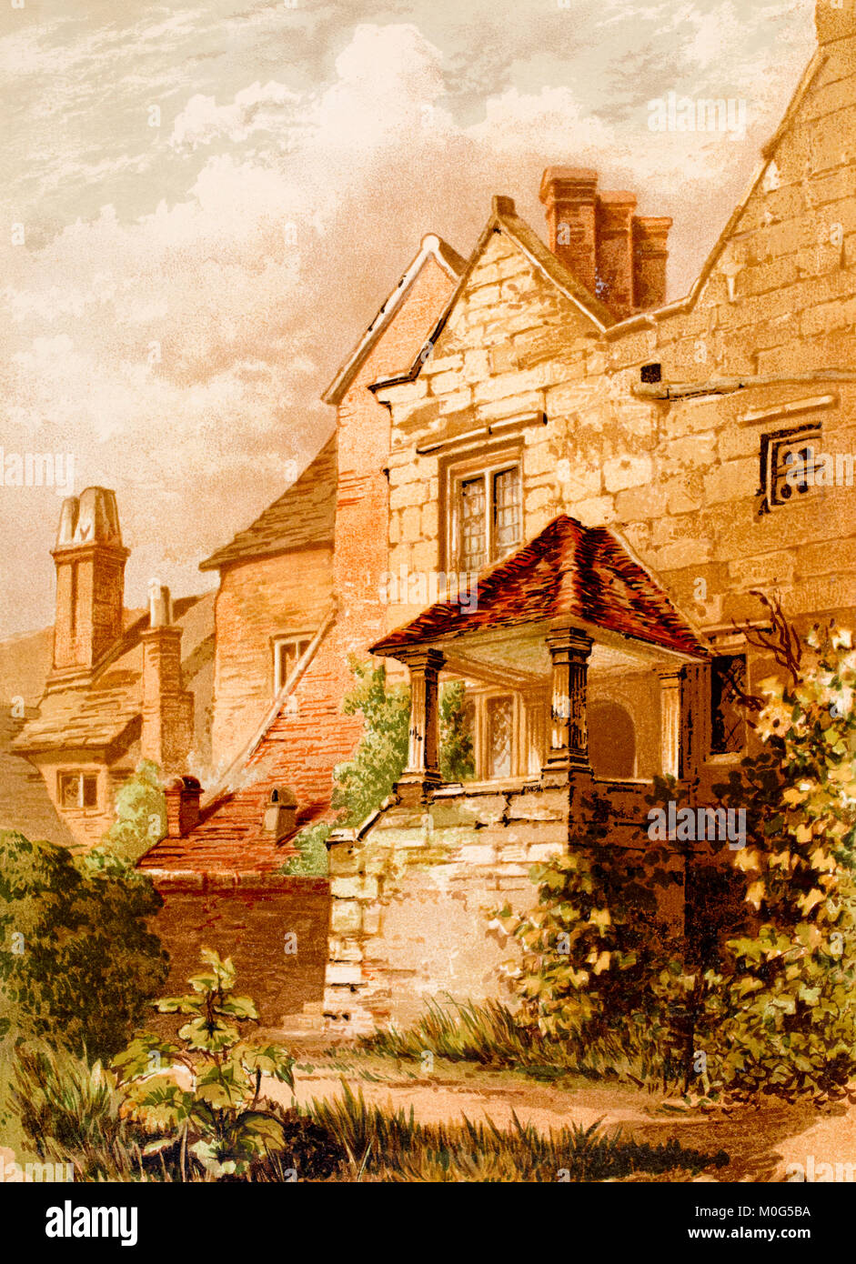 Vieille maison Porche, East Grinstead, aquarelle illustration couleur à partir de 1888 l'art d'esquisses de la nature par Philip H Delamotte Banque D'Images