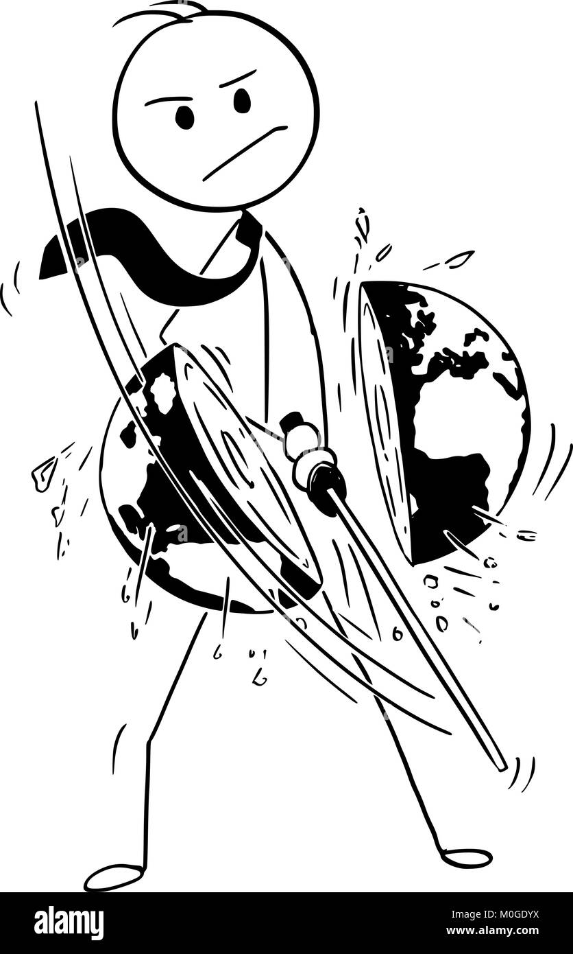Caricature de Businessman conceptuel Monde Coupe avec Katana Sword Illustration de Vecteur
