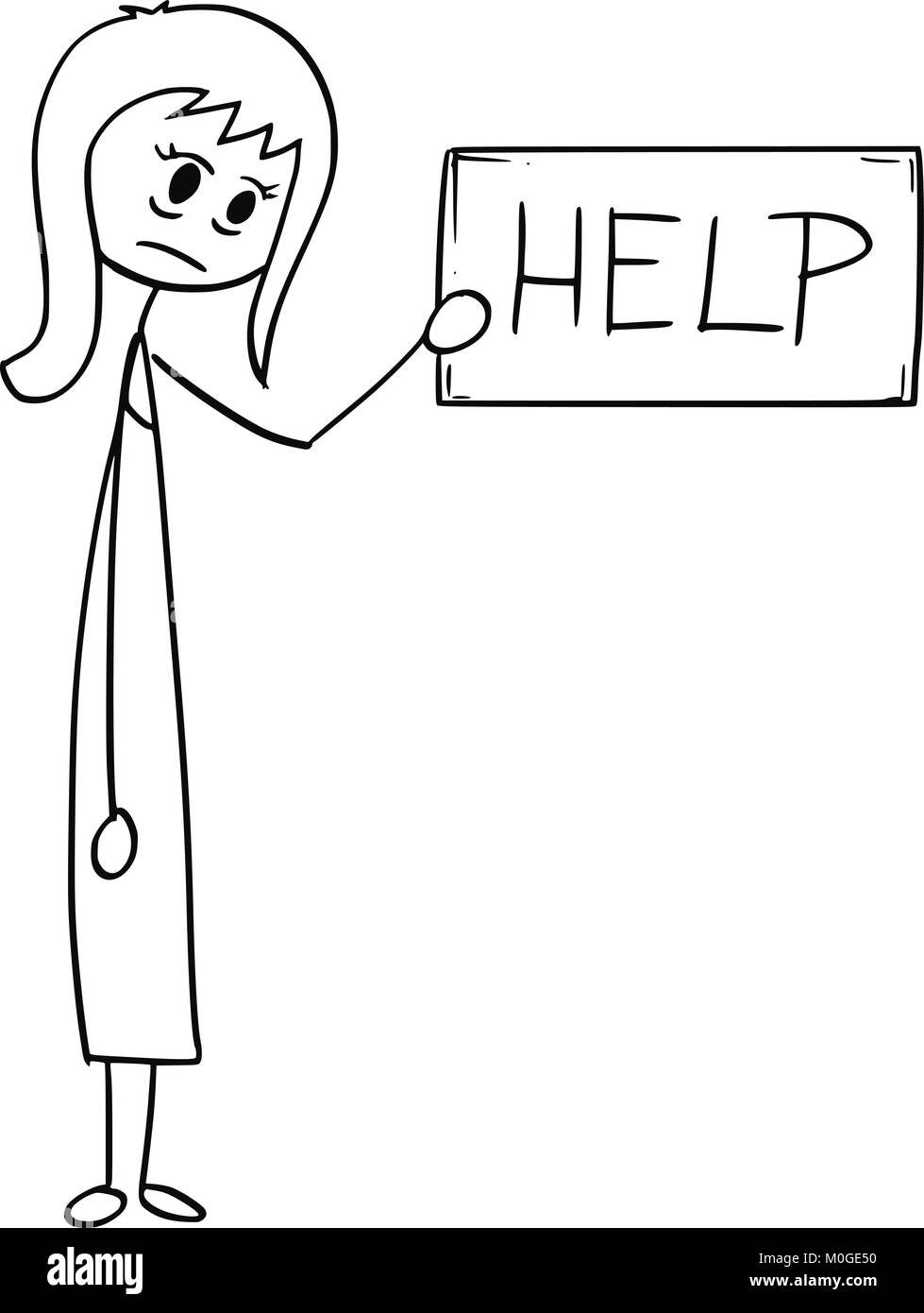 Dessin animé conceptuel de déprimé Businesswoman With Help Sign Illustration de Vecteur