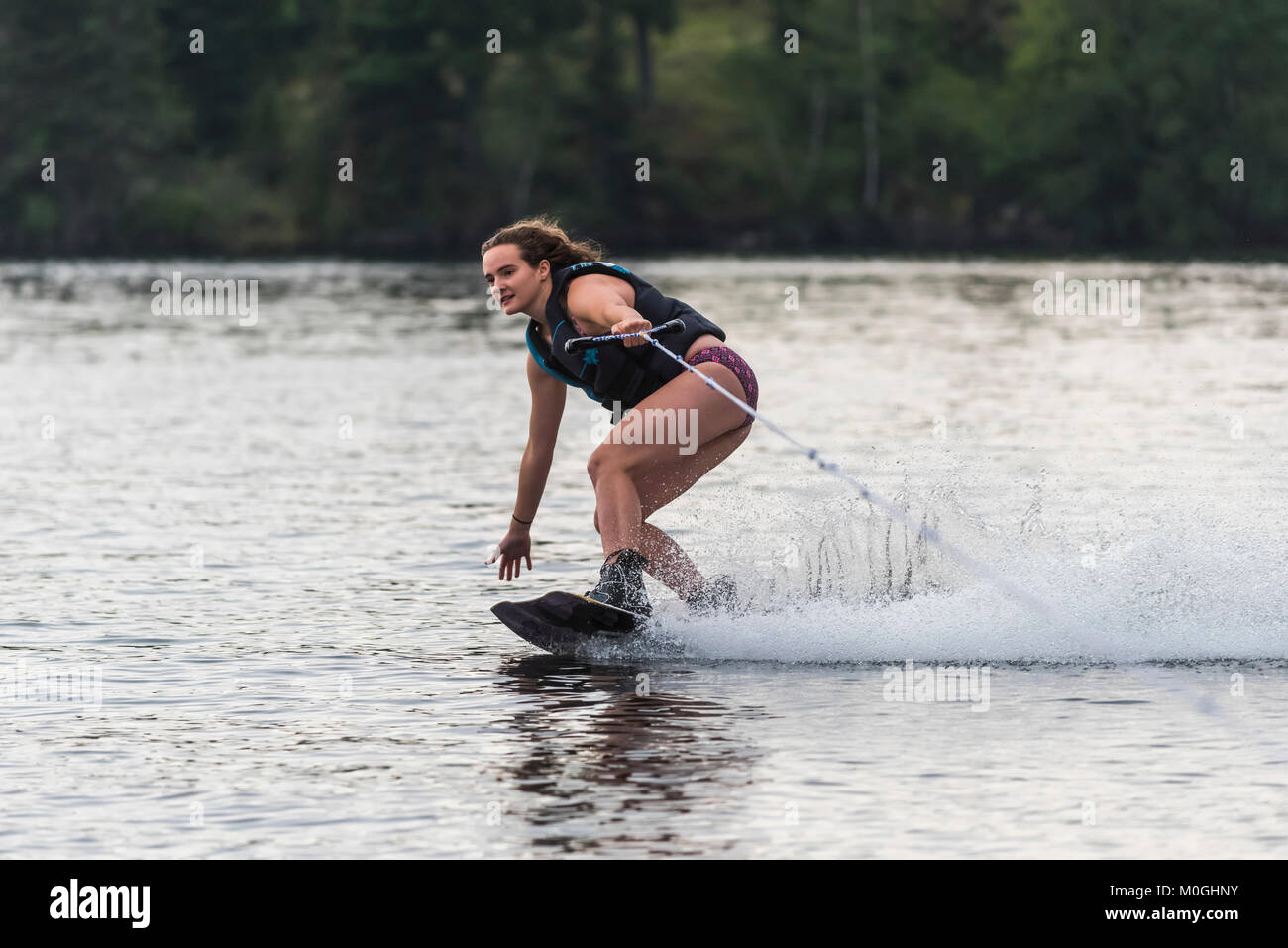 Une adolescente wakeboard derrière un bateau sur un lac, le lac des Bois, Ontario, Canada Banque D'Images