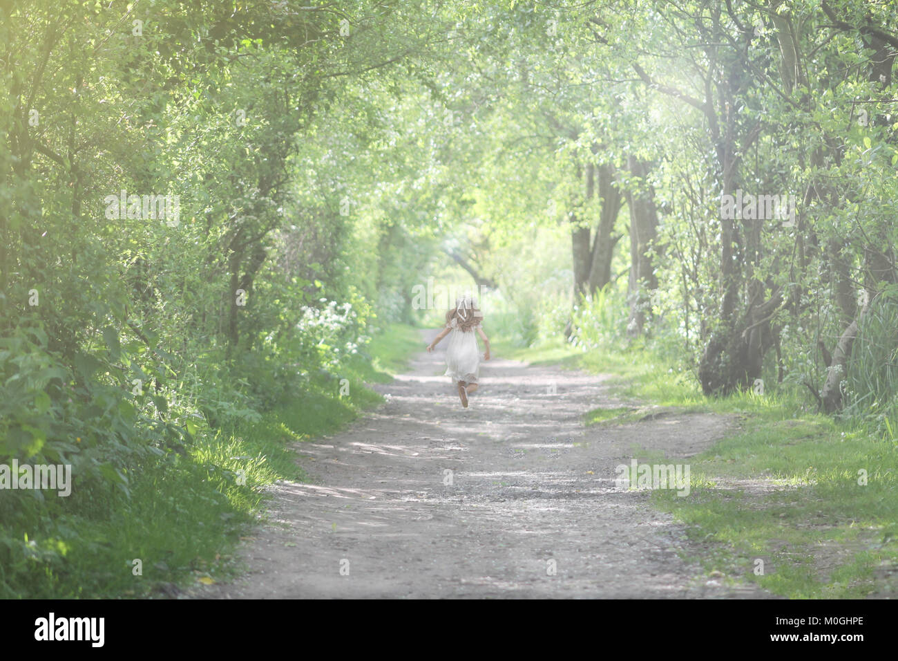 Petite fille courir à travers les bois Banque D'Images