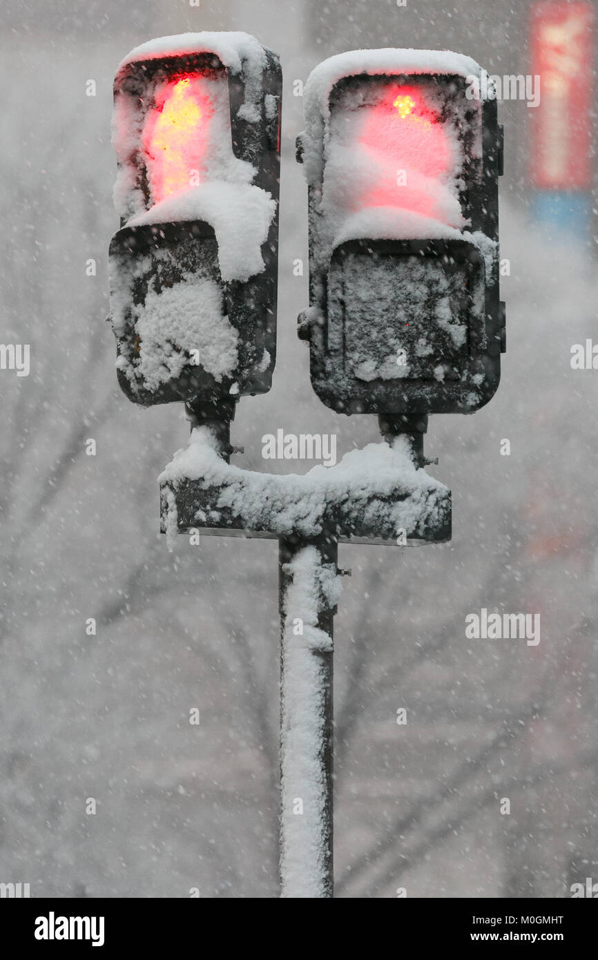 Tokyo, Japon. 22 janvier, 2018. Les feux de circulation sont considérés en vertu de la première de Tokyo de neige de l'année le 22 janvier 2018, Tokyo, Japon. Cette année, la neige est arrivé fin janvier à Tokyo perturbe les transports publics dans toute la ville. Credit : Rodrigo Reyes Marin/AFLO/Alamy Live News Banque D'Images