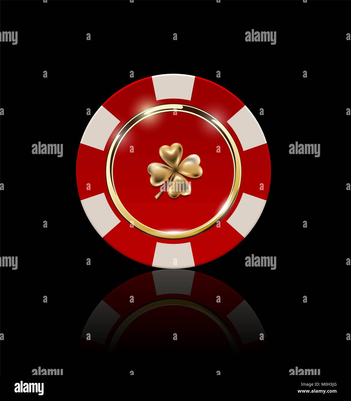 Poker VIP puce rouge et blanc avec anneau d'or et d'effet de lumière vecteur. Black Jack Club casino poker trèfle à quatre feuilles isolées emblème sur noir Illustration de Vecteur