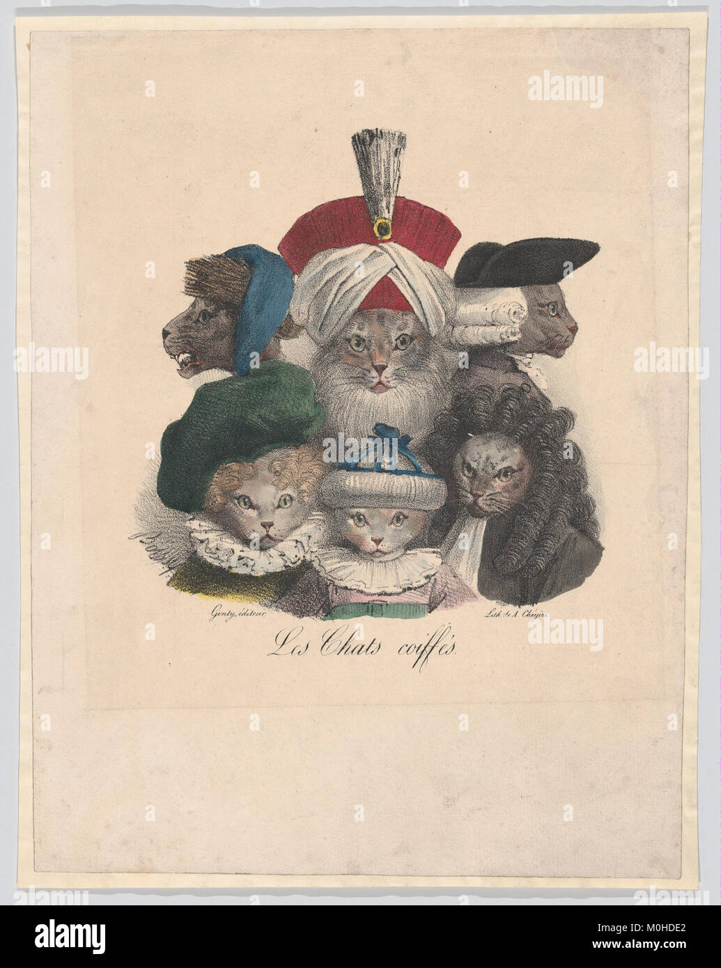 *Les chats coiffés*, œuvre de la collection du Metropolitan Museum of Art, présente des chats aux coiffures élaborées. Cette représentation ludique explore le thème des animaux dans l’art, mettant en valeur une approche unique et imaginative de la représentation féline. Banque D'Images