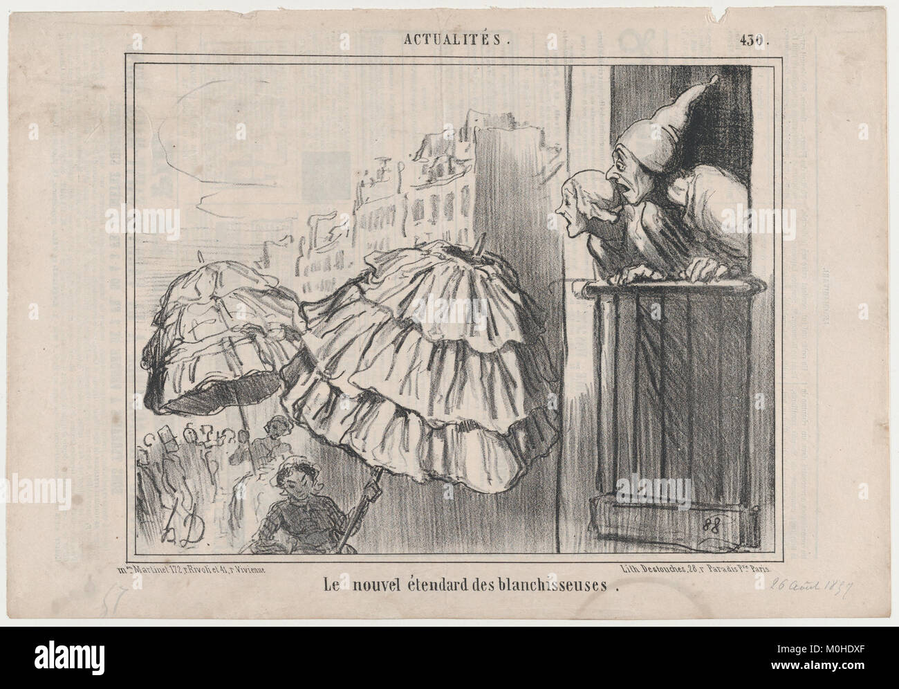 Lithographie imprimée au Charivari le 26 août 1857, représentant la nouvelle bannière des blanchisseries, représentant l’organisation ouvrière et l’identité syndicale au XIXe siècle en France. Banque D'Images