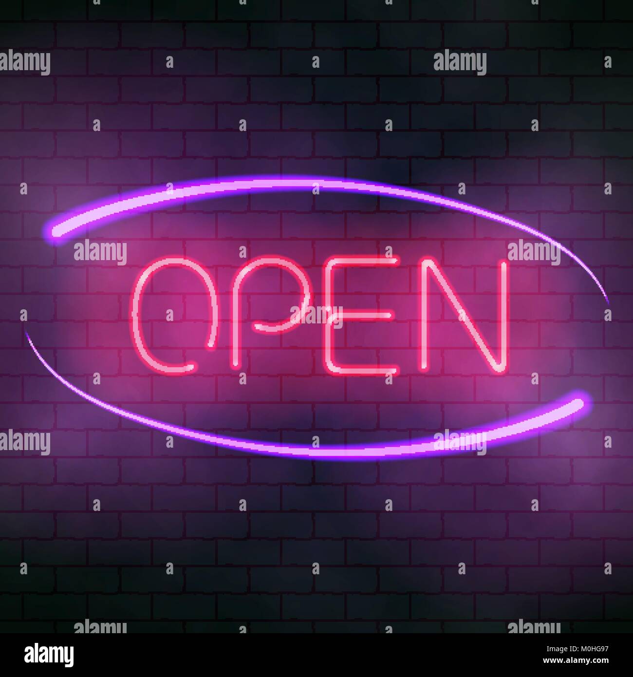 Néon lumineux open sign. Texte lumineux. Vector illustration de l'lucent lettres sur le mur de brique background Illustration de Vecteur