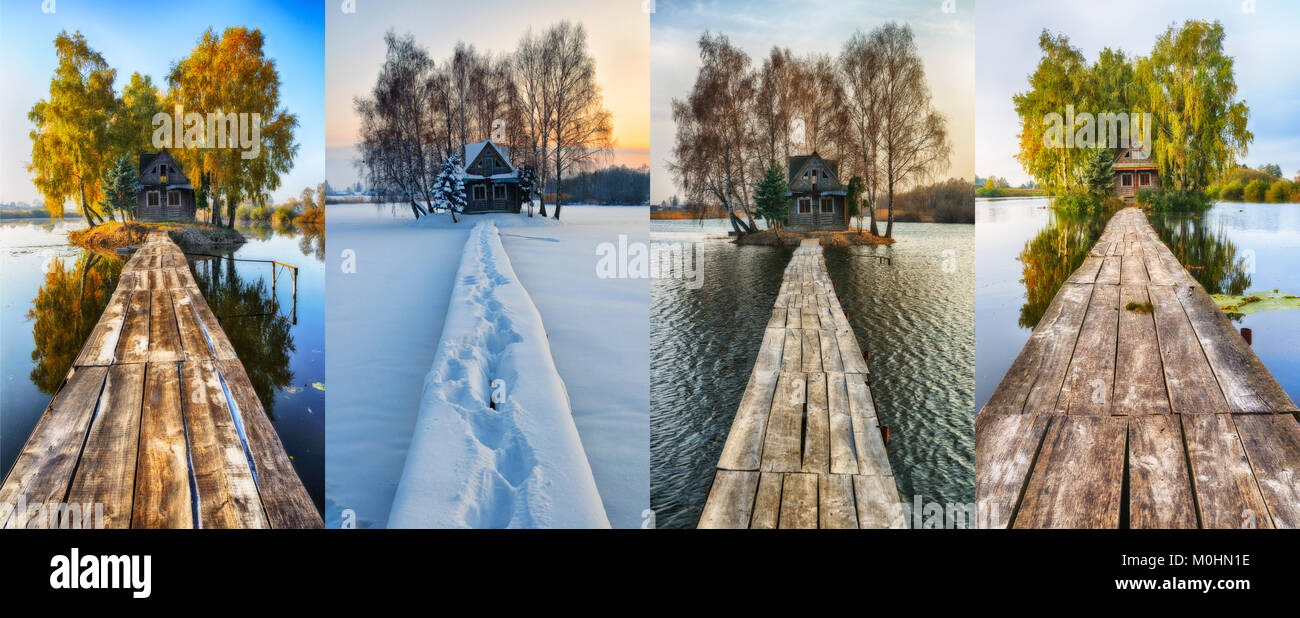 Maison sur une petite île. quatre saisons. un refuge pittoresque en toutes saisons Banque D'Images