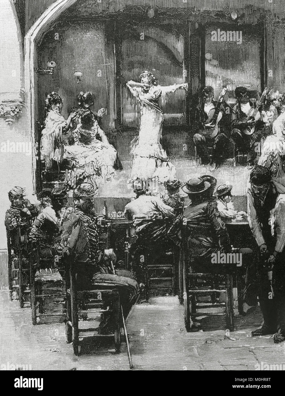 L'Espagne. Séville. Afficher dans un tablao flamenco. La gravure. 'La Ilustracion Espanola y Americana', 1885. Banque D'Images