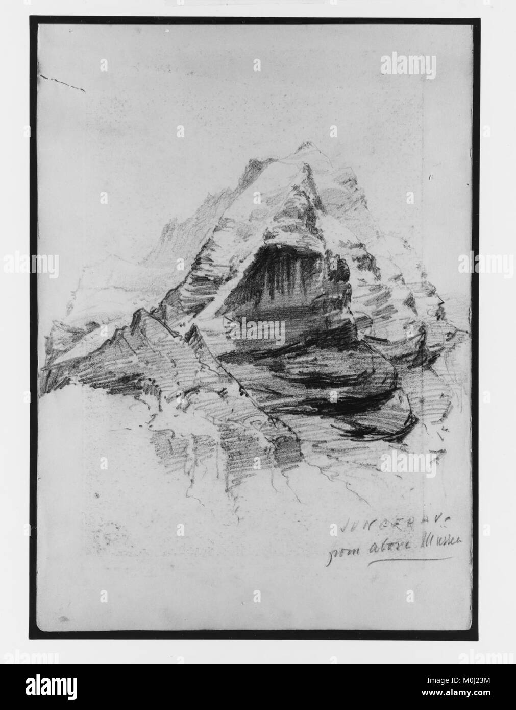 Une aquarelle représentant la vue alpine de la Jungfrau depuis le sommet de Mürren, qui fait partie du carnet de croquis « Splendid Mountain Watercolors », présentant des paysages artistiques détaillés et des paysages naturels. Banque D'Images