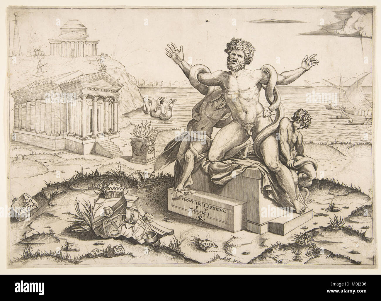 Laocoön et ses deux fils attaqués par des serpents sur un piédestal, un temple à Minerve derrière eux, un autre temple et la mer en arrière-plan a rencontré DP818694 Banque D'Images