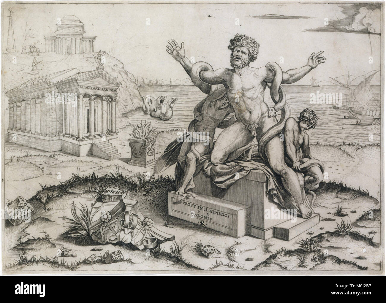 Laocoön et ses deux fils attaqués par des serpents sur un piédestal, un temple à Minerve derrière eux, un autre temple et la mer en arrière-plan a rencontré DT203395 Banque D'Images