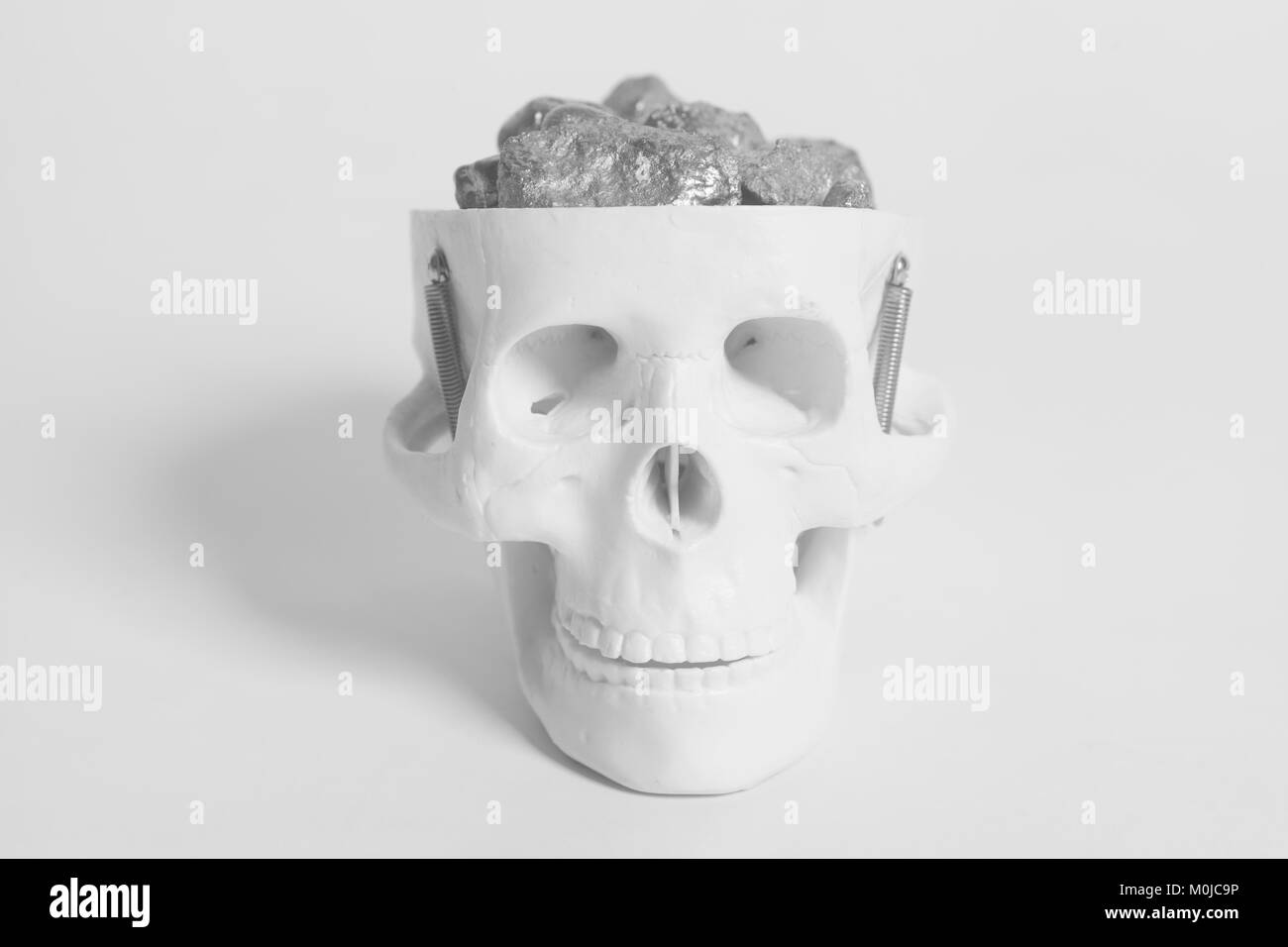 Les pépites d'argent dans skull head on white Banque D'Images
