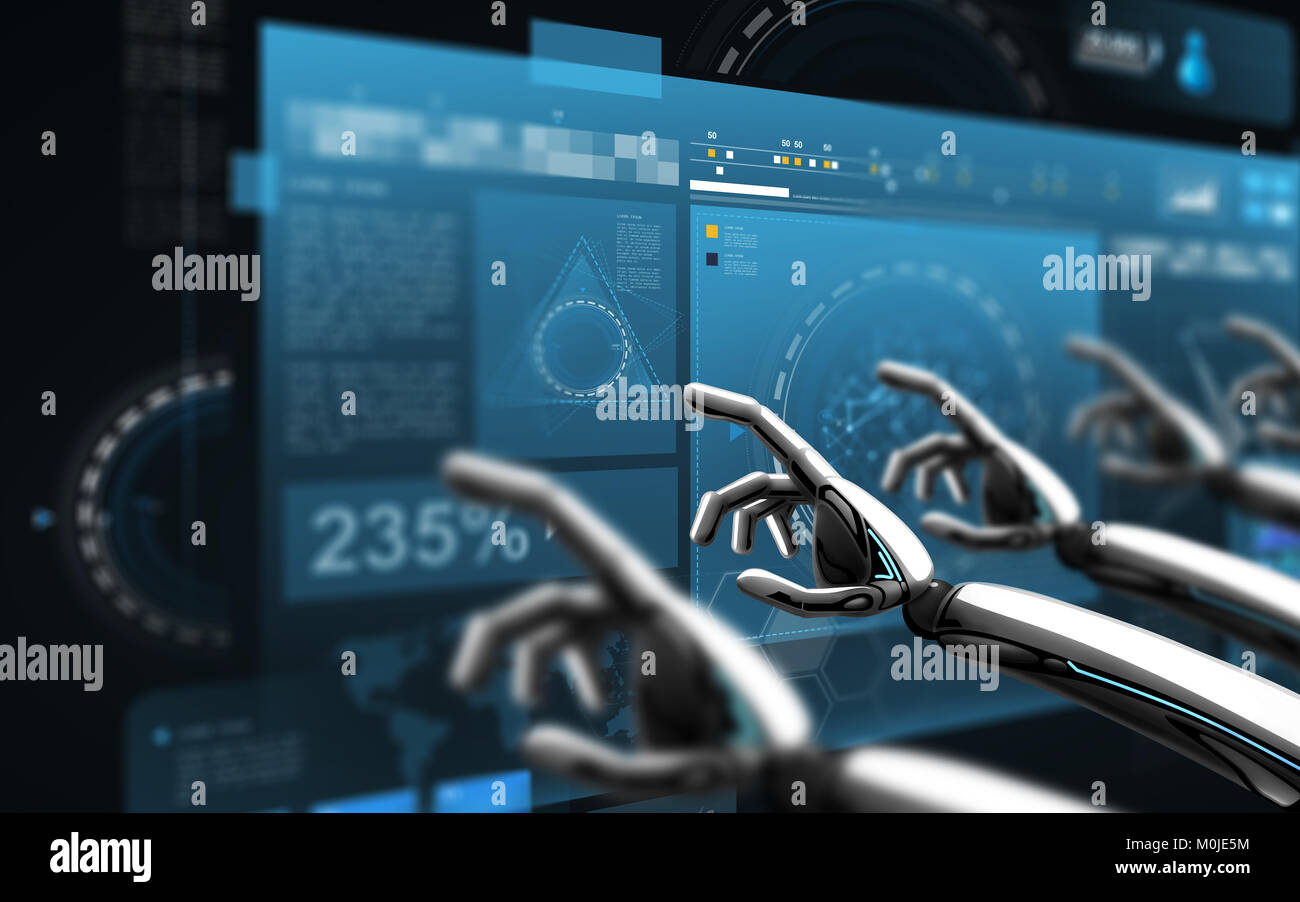 Les mains du robot de toucher les écrans virtuels sur fond noir Banque D'Images