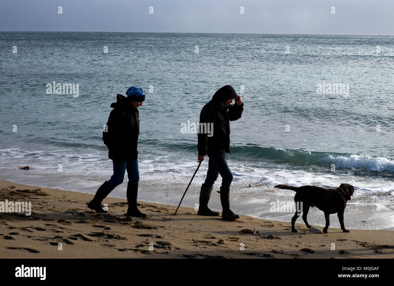 Les touristes à pied le long de plage de Towan, près de Portscatho sur la péninsule de Roseland, à Cornwall, Angleterre, le 29 décembre 2017 Banque D'Images