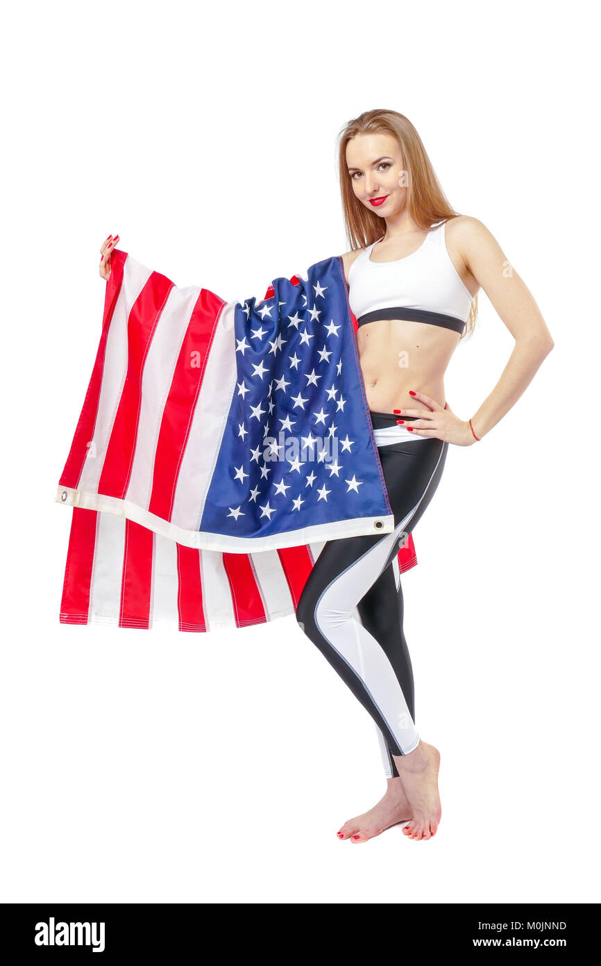 Très jolie jeune femme avec USA flag. Banque D'Images