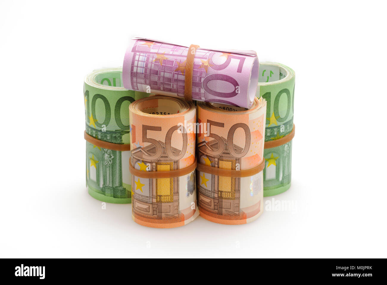 Différents billets en euros en rouleaux, 50 euros, 100 euros, 500 Euros Banque D'Images