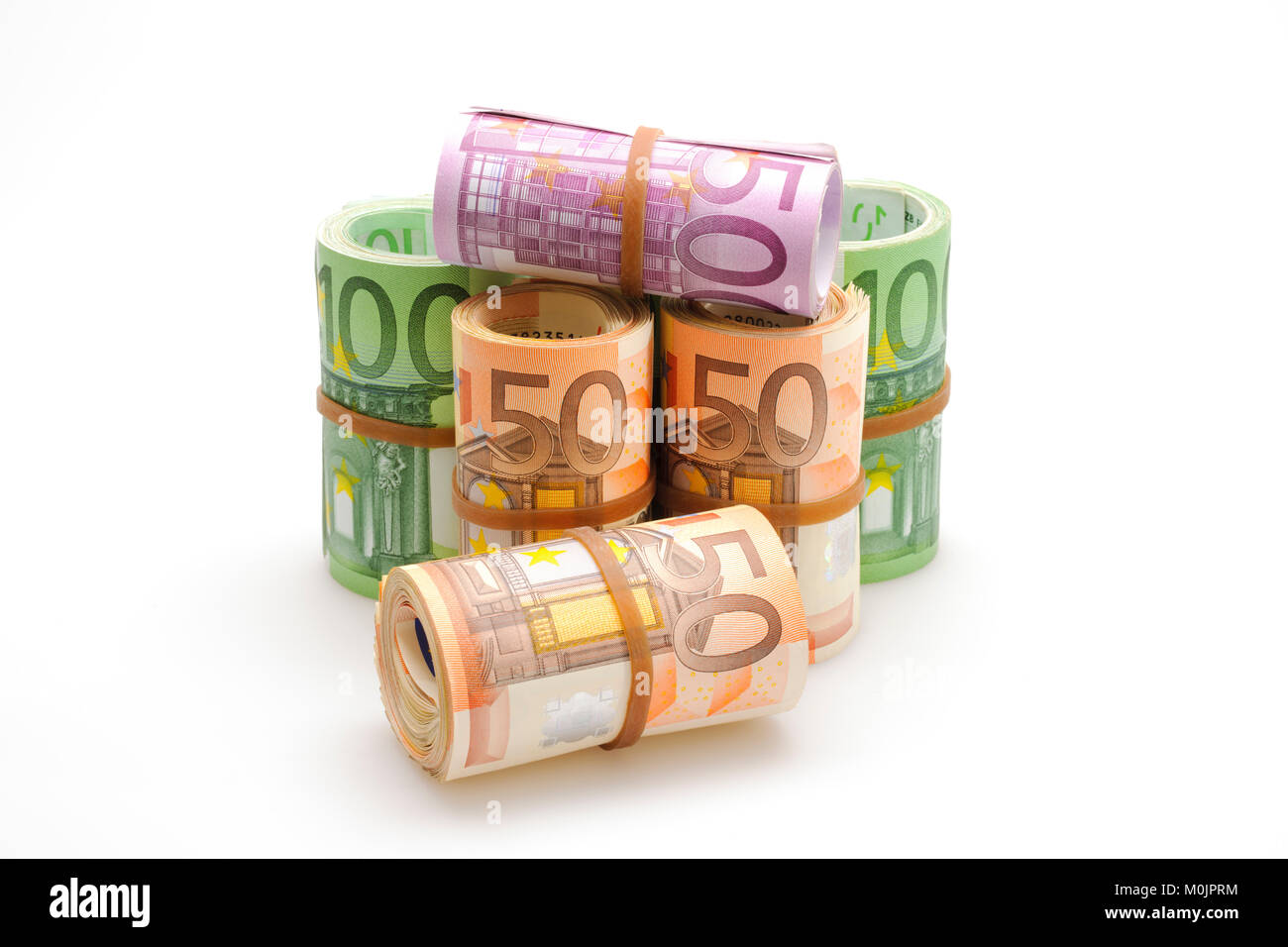 Différents billets en euros en rouleaux, 50 euros, 100 euros, 500 Euros Banque D'Images
