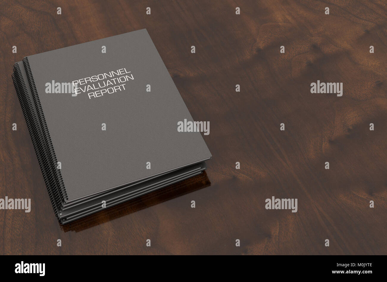 Une pile de documents reliés à l'aide d'évaluation du personnel dans une pile sur une table de conférence - surface de rendu 3D Banque D'Images