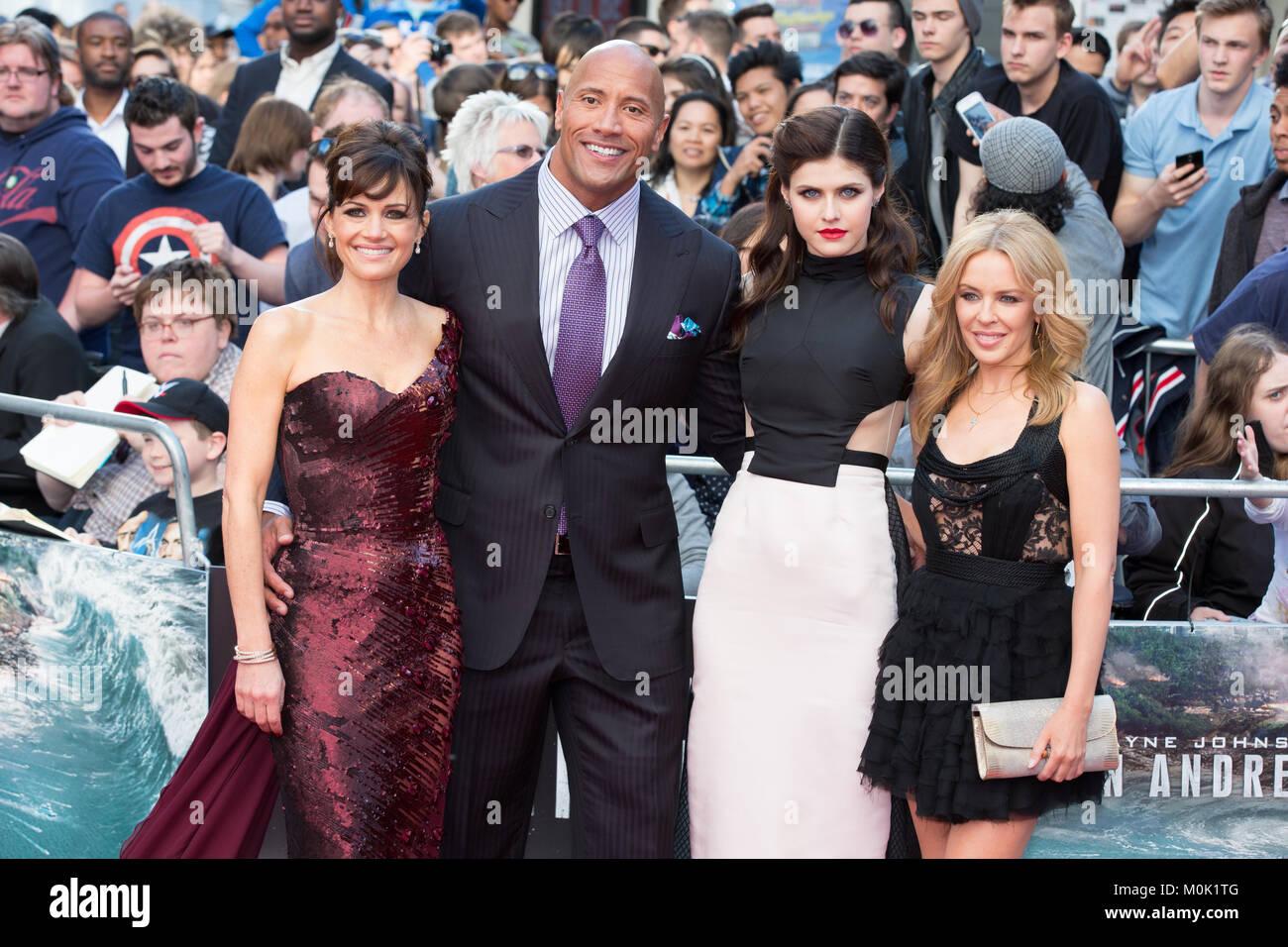 Londres, Royaume-Uni, 21 mai 2015, Carla Gugino,Alexandra Daddario, Dwayne Johnson, Kylie Minogue, première mondiale de 'San Andreas'. Mariusz Goslicki/Alamy Banque D'Images