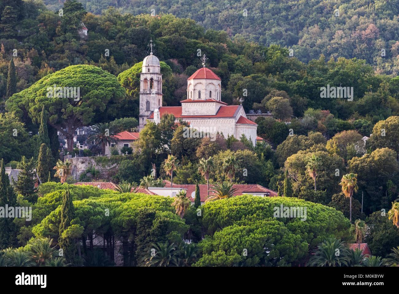 Une église et des bâtiments sur une colline entourée d'arbres ; Herceg Novi, Monténégro Banque D'Images