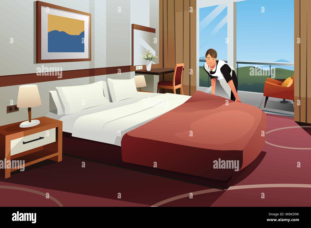 Un vecteur illustration de femme de ménage faire le lit dans un hôtel Illustration de Vecteur