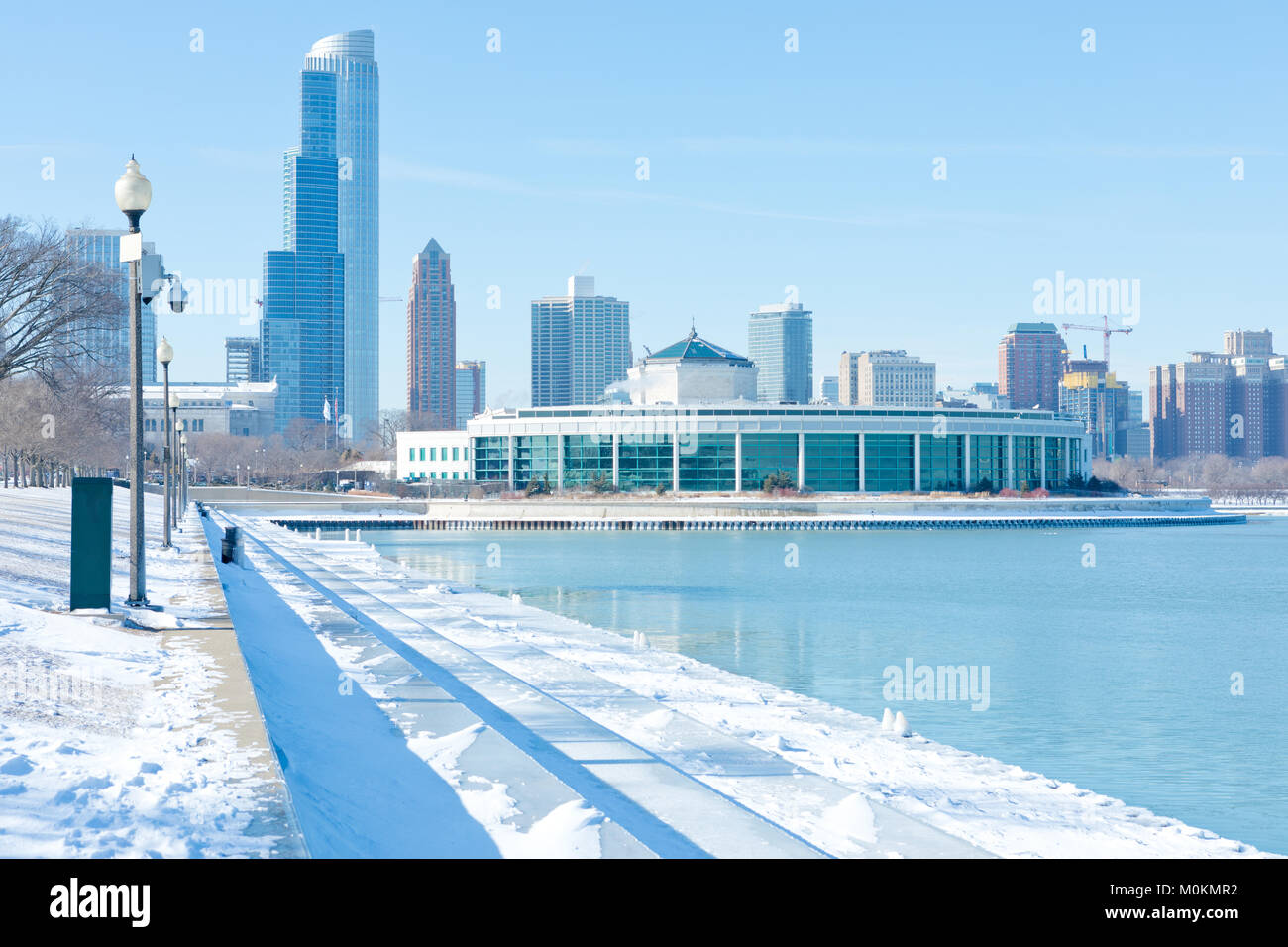 Les arbres gelés recouverte de glace au bord du lac Michigan à Chicago Downtown Banque D'Images